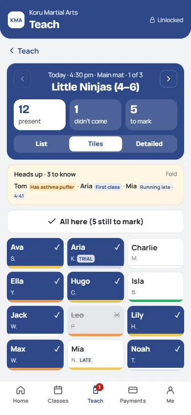 The roll on an instructor's phone: 12 present, Heads up about three members, All here, and members as tiles to tap.
